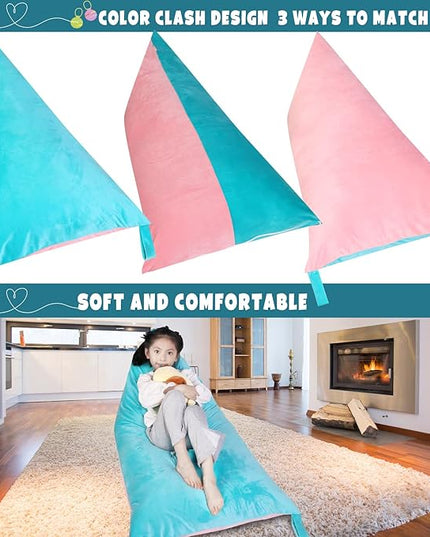 Stuffed Animal Storage Bean Bag Chair Cover, Velvet Pink Lake Blue Plush Toy Storage Stuff and Sit Seat for Kids/Teens/Adults, 52" x 31" Extra Large Triangle Floor Sofa, 200L/52Gal, Cover Only - LeafyLoom
