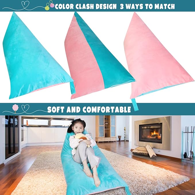 Stuffed Animal Storage Bean Bag Chair Cover, Velvet Pink Lake Blue Plush Toy Storage Stuff and Sit Seat for Kids/Teens/Adults, 52" x 31" Extra Large Triangle Floor Sofa, 200L/52Gal, Cover Only - LeafyLoom