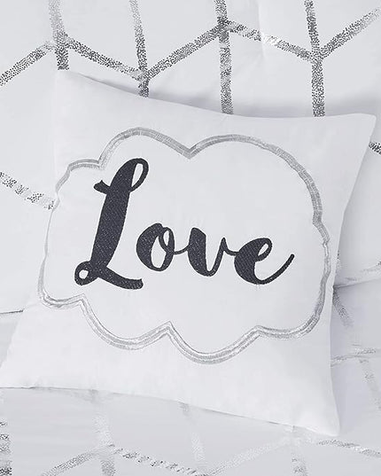 Intelligent Design Raina Full / Queen Comforter Set, Soft Microfiber Comforter Set Queen, Modern Geometric Metallic Bed Set, 5 Pieces College Bedding Comforter Set with 2 Shams, 2 Toss Pillows White - LeafyLoom