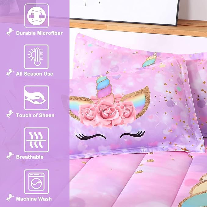 Unicorn Comforter Set 3pc Pink Flower Girl Soft Unicorn Kid's Bedding Sets - LeafyLoom