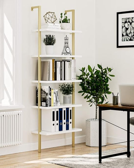 NUMENN 5 Tier Book Shelf, Industrial Ladder Shelf, Open Space Wall Mount Bookshelf with Metal Frame, Sturdy Book Shelves, Bookcase for Living Room, Home Office Shelf, White/Gold - LeafyLoom