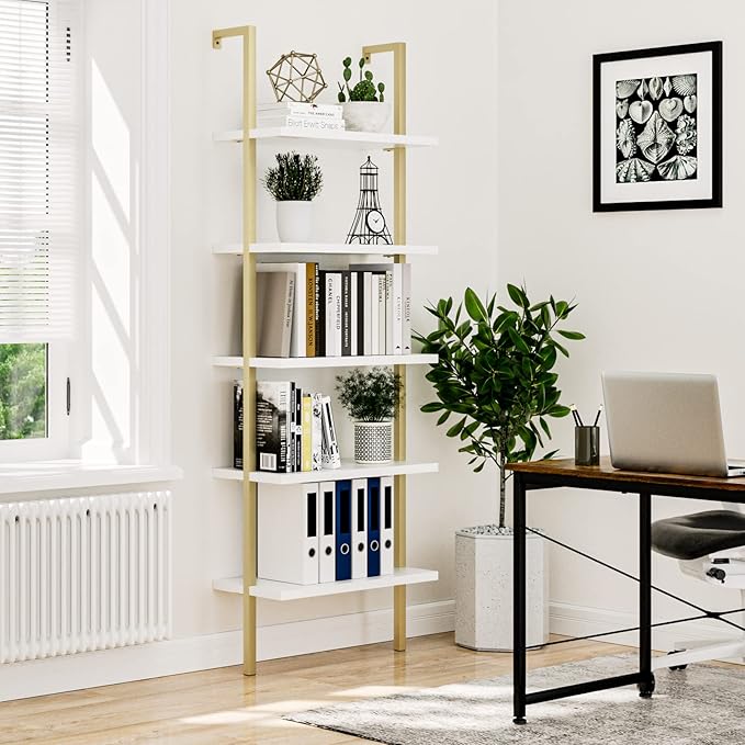NUMENN 5 Tier Book Shelf, Industrial Ladder Shelf, Open Space Wall Mount Bookshelf with Metal Frame, Sturdy Book Shelves, Bookcase for Living Room, Home Office Shelf, White/Gold - LeafyLoom