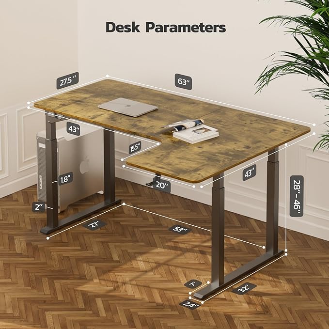 Dripex L Shaped Standing Desk, 63" x 43" Electric Standing Desk Height Adjustable, Sit Stand Home Office Corner Desk, Dual Motor Corner Standing Desk with 4 Legs - LeafyLoom