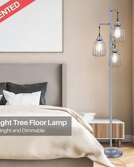 Floor Lamp with 3 LED Edsion Bulbs, Farmhouse Tall Standing Lamp for Living Room, Dimmable Industrial Rustic Grey Tree Bright Vintage Pole Light with Cage Shades for Bedroom Home Decor - LeafyLoom