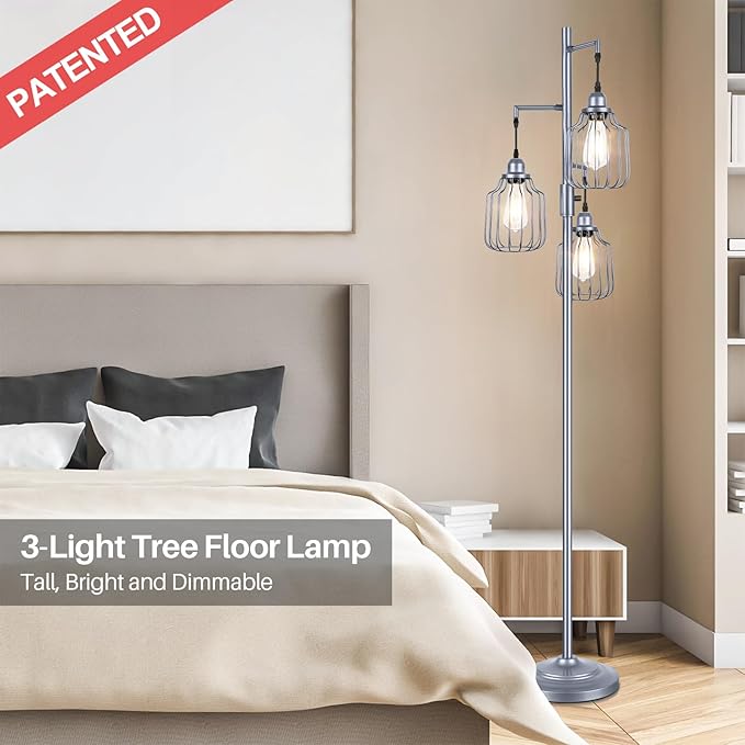 Floor Lamp with 3 LED Edsion Bulbs, Farmhouse Tall Standing Lamp for Living Room, Dimmable Industrial Rustic Grey Tree Bright Vintage Pole Light with Cage Shades for Bedroom Home Decor - LeafyLoom