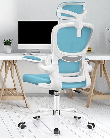 Ergonomic Office Chair, High Back Mesh Desk Chair with Lumbar Support and Adjustable Headrest, Computer Gaming Chair with Flip-up Armrests, Executive Swivel Chair for Home Office (Blue) - LeafyLoom