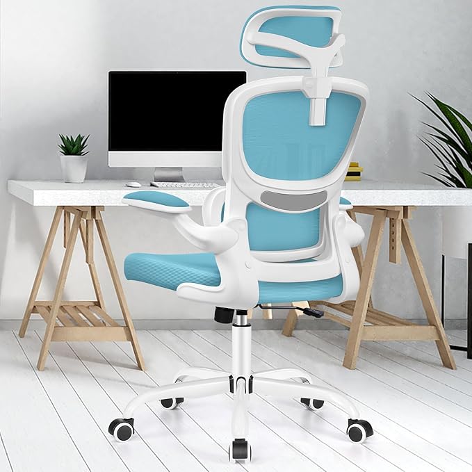 Ergonomic Office Chair, High Back Mesh Desk Chair with Lumbar Support and Adjustable Headrest, Computer Gaming Chair with Flip-up Armrests, Executive Swivel Chair for Home Office (Blue) - LeafyLoom