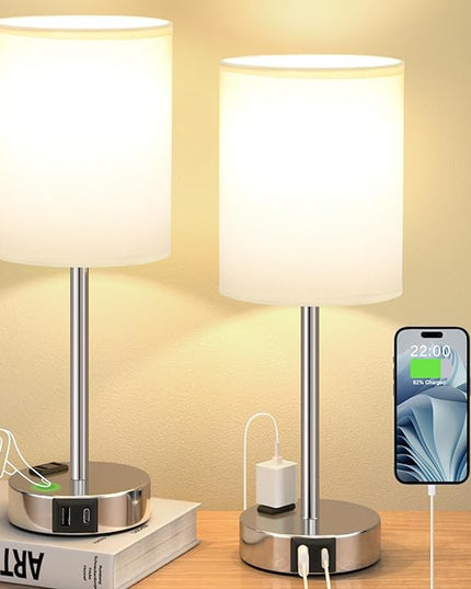 Bedside Table Lamps for Bedroom Set of 2 - Touch Nightstand Lamp with USB-A+C Charging Ports & AC Outlet - 3 Way Dimmable Small Desk Lamp White for Office, Living Room, Reading - LeafyLoom