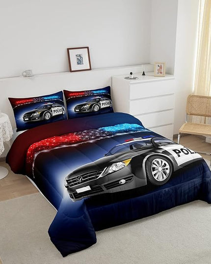 Erosebridal Police Car Comforter Sets Queen Size,Policeman Vehicle Bedding Set For Kids Boys Children,Red Blue Cop Lights Down Comforter Geometric Graphics Duvet Sets Bedroom Decor With 2 Pillow Cases - LeafyLoom