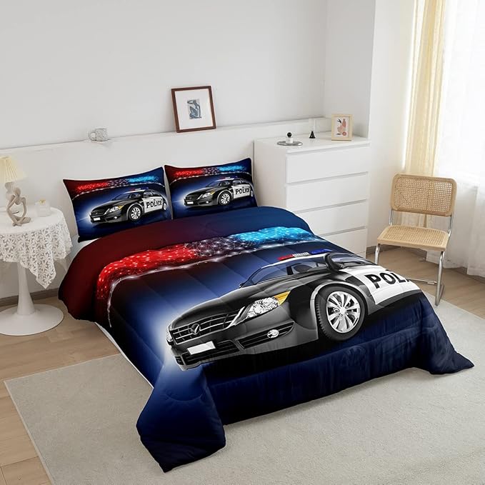 Erosebridal Police Car Comforter Sets Queen Size,Policeman Vehicle Bedding Set For Kids Boys Children,Red Blue Cop Lights Down Comforter Geometric Graphics Duvet Sets Bedroom Decor With 2 Pillow Cases - LeafyLoom