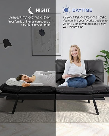 MUUEGM Futon Sofa Bed,Convertible Adjustable Backrest Armrests Memory Foam Couch Bed, Modern Faux Leather Futon Sleeper Couch Loveseat for Living Room,office,Apartment,Small Space,Matte Black - LeafyLoom