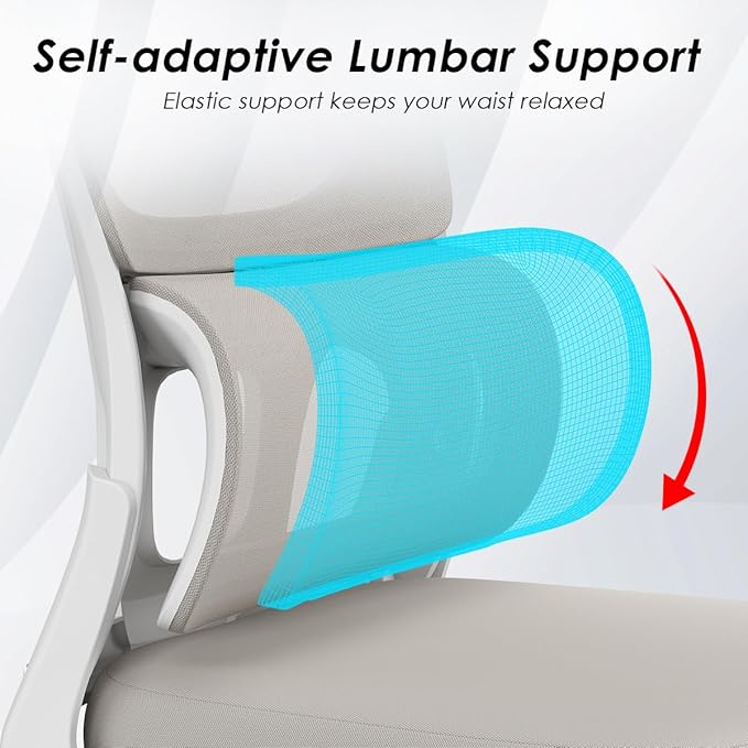 Soohow Ergonomic Home Office Chair, Mesh Desk Chair with Lumbar Support, Comfy Computer Desk Chair with Flip Armrest Rolling Wheels, Adjustable Headrest, Khaki. - LeafyLoom