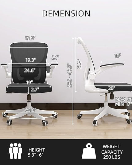 Office Chair - Ergonomic Office Chair with Lumbar Support & Flip Up Arms Home Office Desk Chairs Rockable High Back Swivel Computer Chair White Frame & Black Mesh Study Chair - LeafyLoom