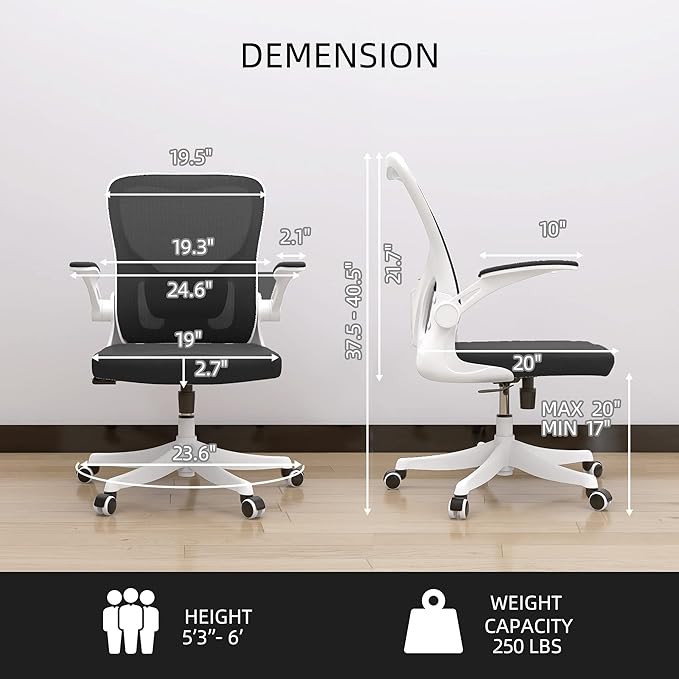 Office Chair - Ergonomic Office Chair with Lumbar Support & Flip Up Arms Home Office Desk Chairs Rockable High Back Swivel Computer Chair White Frame & Black Mesh Study Chair - LeafyLoom