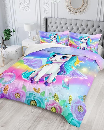 Kid Unicorn Comforter Set Full Size 3Pcs Butterfly Rainbow Flower Star Pattern Quilt Bedding Set for Boys Girls with 1 Comforter and 2 Pillowcases - LeafyLoom