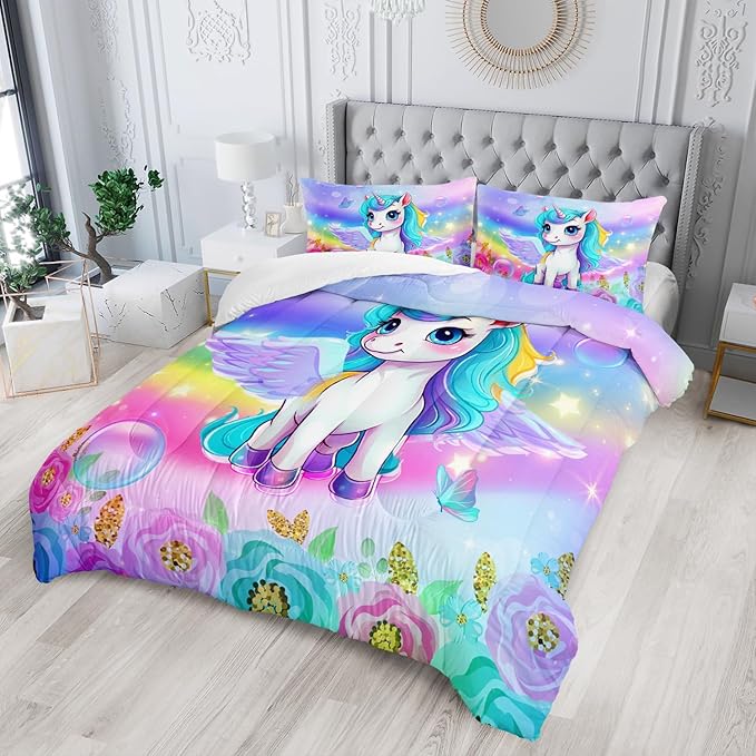 Kid Unicorn Comforter Set Twin/Full/Queen Size 3Pcs Butterfly Rainbow Flower Star Pattern Quilt Bedding Set for Boys Girls with 1 Comforter and 2 Pillowcases - LeafyLoom