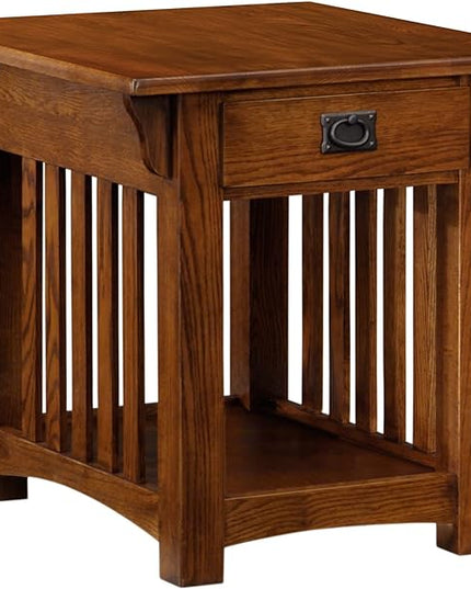 Leick Home 82287 Corner Stand with Bookcase Ends TV's, 50-inch, Mission Oak & ture Mission Drawer End Table, Solid ash and oak veneers, 22 in x 25 in x 23 in, Russet - LeafyLoom