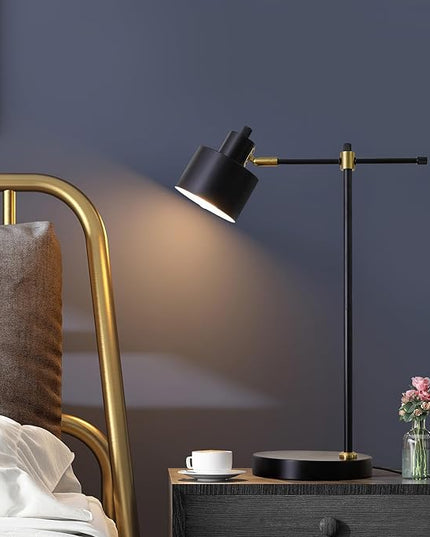 OYEARS Modern Industrial Desk Lamp for Reading LED 22.2“ Metal Table Lamp Light for Office Bedroom Study Room Living Room Nightstand Bedside Lamps Gold and Matte Black Accent (Black, Bulb Included) - LeafyLoom