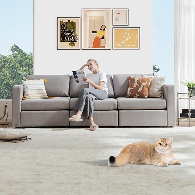 Sweetcrispy Convertible Modular Sectional Sofa, 3 Seat Sectional Couches for Living Room, Basic Shape Modern Fabric Modular Sofa Sleeper with Double Chaise for Home, Apartment, Dorm, Grey - LeafyLoom