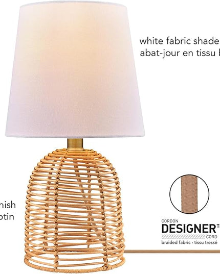 Globe Electric 61000047 14" Table Lamp, Rattan Base, White Linen Shade, On/Off Rotary Switch on Socket, Table Lamp for Living Room, Home Décor, Lamps for Bedroom, Home Improvements, Room Décor - LeafyLoom