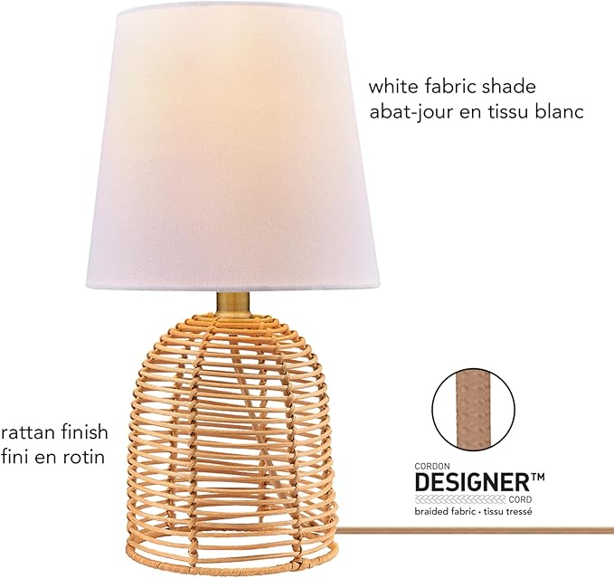 Globe Electric 61000047 14" Table Lamp, Rattan Base, White Linen Shade, On/Off Rotary Switch on Socket, Table Lamp for Living Room, Home Décor, Lamps for Bedroom, Home Improvements, Room Décor - LeafyLoom