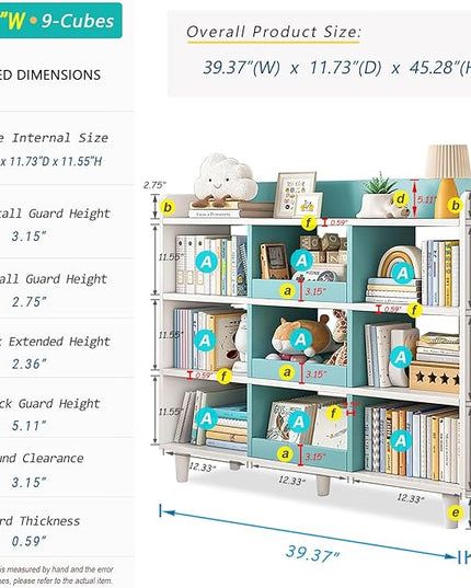 Wooden Cube Bookcase with Legs - 3-Tier Open Shelf Kidsroom Sorted Storage Cabinet Organizer for Books and Toys, 9-Cube Lattice Cute Cubby Bookshelf in White Mixed Westlake Blue, 39" W - LeafyLoom