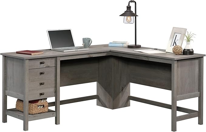 Sauder Cottage Road L-Desk, L: 65.12" x W: 58.66" x H: 29.76", Mystic Oak finish - LeafyLoom