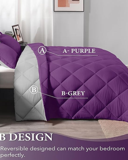 downluxe King Size Comforter Set - Purple and Grey King Comforter, Soft Bedding Sets for All Seasons -3 Pieces - 1 Comforter (104"x92") and 2 Pillow Shams(20"x36") - LeafyLoom