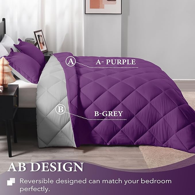 downluxe King Size Comforter Set - Purple and Grey King Comforter, Soft Bedding Sets for All Seasons -3 Pieces - 1 Comforter (104"x92") and 2 Pillow Shams(20"x36") - LeafyLoom
