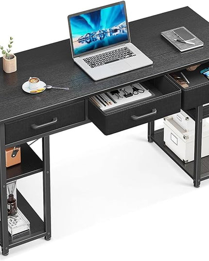 ODK Office Small Computer Desk: Home Table with Fabric Drawers & Storage Shelves, Modern Writing Desk, Black, 48"x16" - LeafyLoom