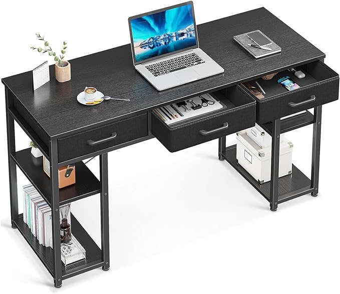 ODK Office Small Computer Desk: Home Table with Fabric Drawers & Storage Shelves, Modern Writing Desk, Black, 48"x16" - LeafyLoom