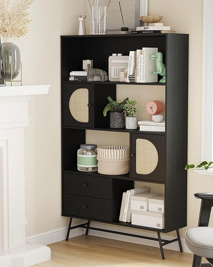 Soohow 4 Shelf Bookcase and Bookshelves with Drawer, 65” Tall Bookcases with Storage Shelves, Bookshelves and Bookcases with Rattan Cabinet and Metal Legs for Home Office, Living Room and Bedroom. - LeafyLoom