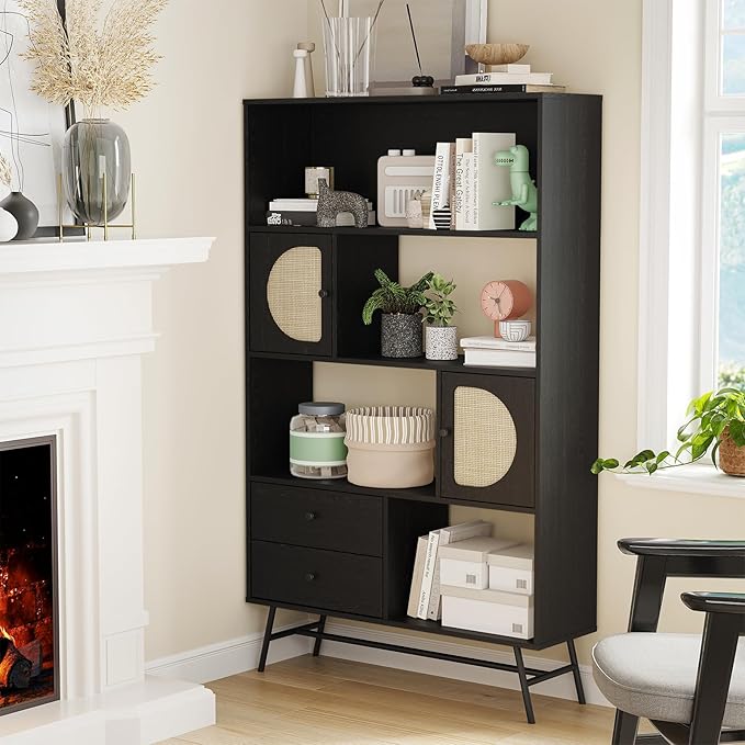 Soohow 4 Shelf Bookcase and Bookshelves with Drawer, 65” Tall Bookcases with Storage Shelves, Bookshelves and Bookcases with Rattan Cabinet and Metal Legs for Home Office, Living Room and Bedroom. - LeafyLoom