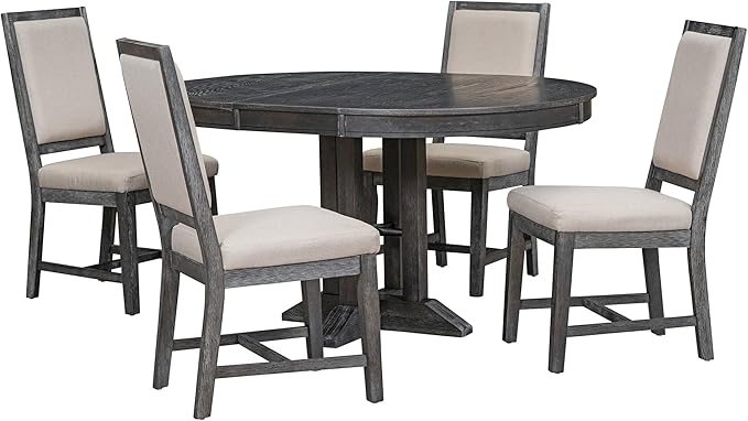Farmhouse 5-Piece Dining Set, Included Retro Extendable Round Table with X-Shape Base and 4 Upholstered Chairs, Solid Wood Adjustable Dinette Furniture for Kitchen, Living Room, Black+Beige - LeafyLoom