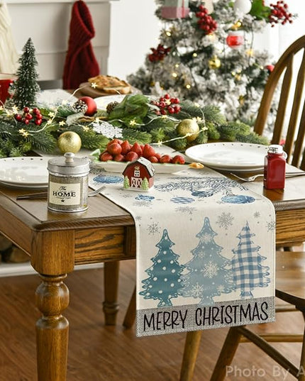 Artoid Mode Blue Pine Trees Merry Christmas Table Runner, Winter Xmas Holiday Kitchen Dining Table Decoration for Home Party Decor 13x108 Inch ArtoidMode