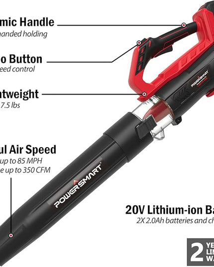 PowerSmart 20V Cordless Leaf Blower with 2 Batteries and Charger, Blowers for Lawn Care, Snow Blowing & Yard Cleaning - LeafyLoom