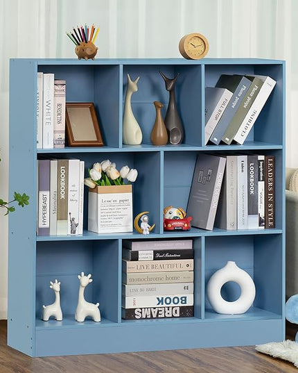 YAHARBO 3 Tier Bookshelf,Wide Kids Horizontal Bookcase,8 Cube Blue Book Shelf,Large Display Toy Storage Cabinet with Base,Floor Standing Modern Bookcases Organizer for Bedroom,Nursery,Playroom - LeafyLoom