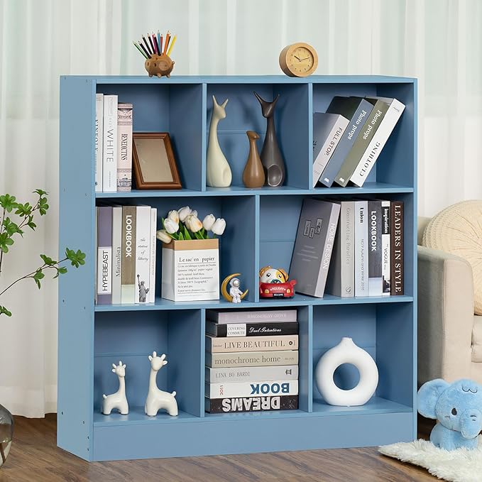 YAHARBO 3 Tier Bookshelf,Wide Kids Horizontal Bookcase,8 Cube Blue Book Shelf,Large Display Toy Storage Cabinet with Base,Floor Standing Modern Bookcases Organizer for Bedroom,Nursery,Playroom - LeafyLoom