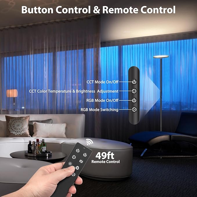 Dimunt Floor Lamp, 36W/3600LM Super Bright LED Floor Lamps, RGB Modern Standing Lamp with Remote and Button Control, 3000K-6500K Dimmable Tall Lamp for Living Room, Bedroom, Game Room, RGB Corner Lamp - LeafyLoom
