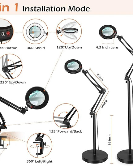 8X Magnifying Glass with Light and Stand, Krstlv LED 5 Color Modes, Stepless Dimmable Magnifying Floor Lamp, 3-in-1 Adjustable Swing Arm Lighted Magnifier Lamp with Clamp for Reading, Craft, Esthetic - LeafyLoom