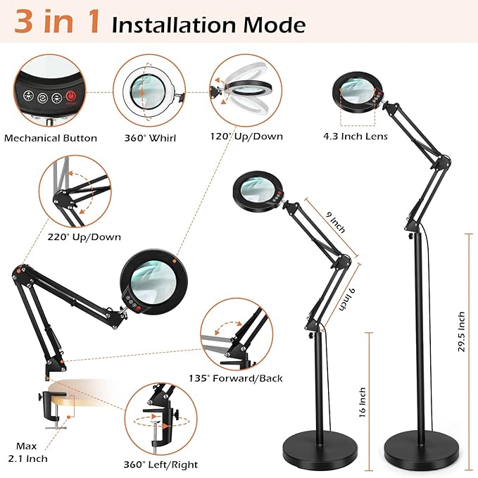 8X Magnifying Glass with Light and Stand, Krstlv LED 5 Color Modes, Stepless Dimmable Magnifying Floor Lamp, 3-in-1 Adjustable Swing Arm Lighted Magnifier Lamp with Clamp for Reading, Craft, Esthetic - LeafyLoom