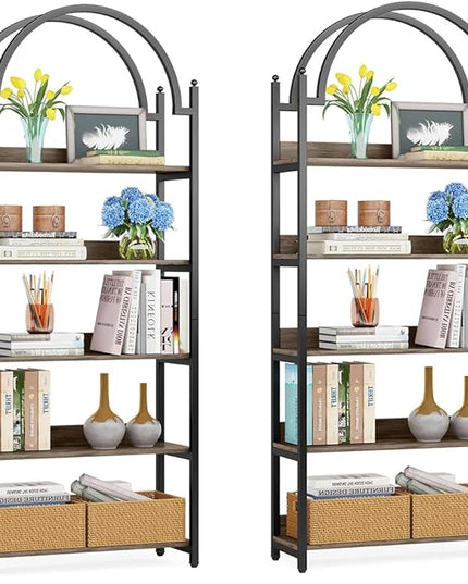 Tribesigns 5-shelf Arched Bookcase, 72 inch Tall Rustic Wood Shelf with Black Metal Frame, Industrial Freestanding Open Bookshelf for Bedroom, Living Room,Small Spaces (2, Oak+Black) - LeafyLoom