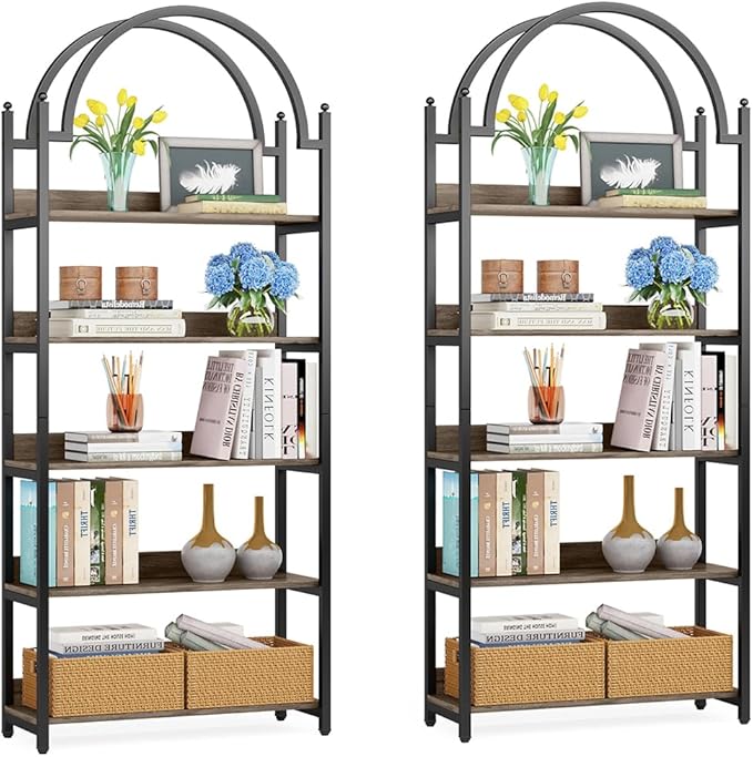 Tribesigns 5-shelf Arched Bookcase, 72 inch Tall Rustic Wood Shelf with Black Metal Frame, Industrial Freestanding Open Bookshelf for Bedroom, Living Room,Small Spaces (2, Oak+Black) - LeafyLoom