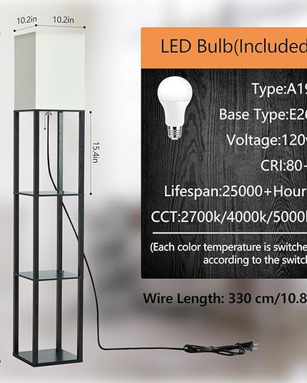 Floor Lamp with Shelves, 3-Tier Modern Floor Lamps for Living Room, Standing Lamp with 3 Color Temperature Bulb, Wooden Shelf Lamp Living Room Lamps, Black Floor Lamp for Bedroom,Living Room,Office - LeafyLoom
