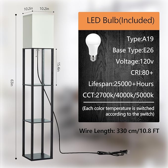 Floor Lamp with Shelves, 3-Tier Modern Floor Lamps for Living Room, Standing Lamp with 3 Color Temperature Bulb, Wooden Shelf Lamp Living Room Lamps, Black Floor Lamp for Bedroom,Living Room,Office - LeafyLoom