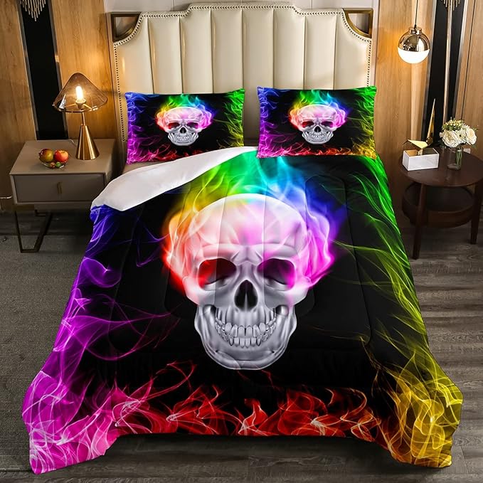 Erosebridal Skull Comforter Set, Skeleton Bones Bedding Set Twin Size Halloween Horror Gold Flame Duvet Sets for Kids Teens Adult Bedroom Decor, Gothic Spooky Bedding Comforters, Warmth Soft - LeafyLoom