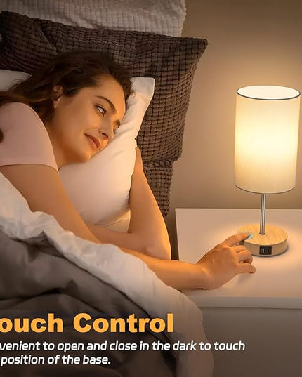 AKASUKI Table Lamp for Bedroom, 3 Way Dimmable Touch Lamp with Dual Charging Station, Small Bedside Lamps for Night Stands, Living Room, Office(LED Bulb Included) - LeafyLoom