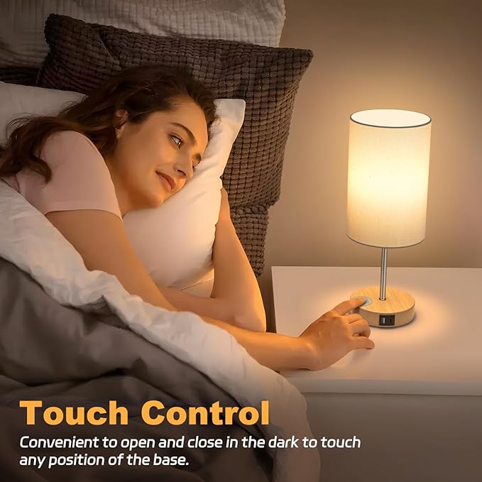AKASUKI Table Lamp for Bedroom, 3 Way Dimmable Touch Lamp with Dual Charging Station, Small Bedside Lamps for Night Stands, Living Room, Office(LED Bulb Included) - LeafyLoom