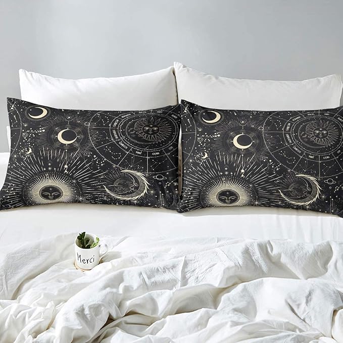 Erosebridal Bohemian Sun Moon Comforter Set, Constellation Down Comforter King Size, Starry Sky Quilted Duvet, Exotic Style Black Room Decor Duvet Insert,Super Soft Breathable Bedding Set - LeafyLoom