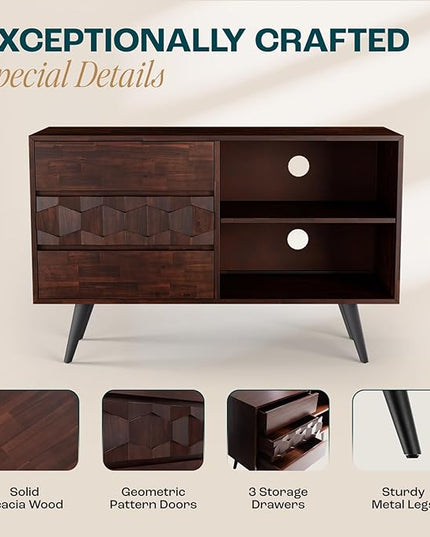Bme Georgina 45 Inch Solid Wood TV Stand & Signature Queen Bed Frame with Handcrafted Geometric Headboard, Walnut - LeafyLoom